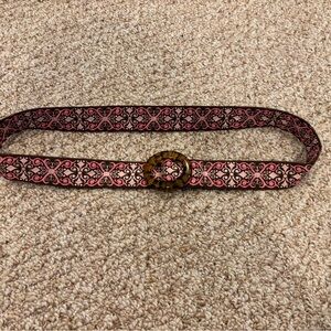 Pink and Brown Patterned Belt with Tortoiseshell Buckle